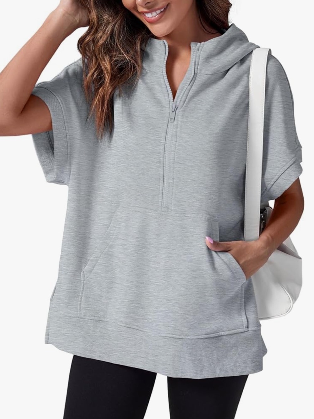 Heathered Gray Oversized Half Zip Short Sleeve Pullover Hoodie with Pockets